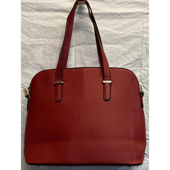 Red Solid Pattern Faux Leather Tote Bag Top Zip Inner Pockets with Strap 15”x12” - Picture 2 of 6